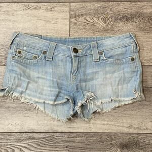 True Religion Blue Y2K Jean Shorty Shorts 29 Bobby Cut Off Distressed Denim USA